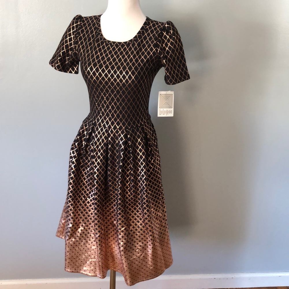 LuLaRoe elegant black and rose gold metallic dress